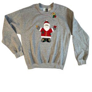 Vintage Gildan Gray Christmas Sweatshirt With Santa Patchwork Design Sz M Granny